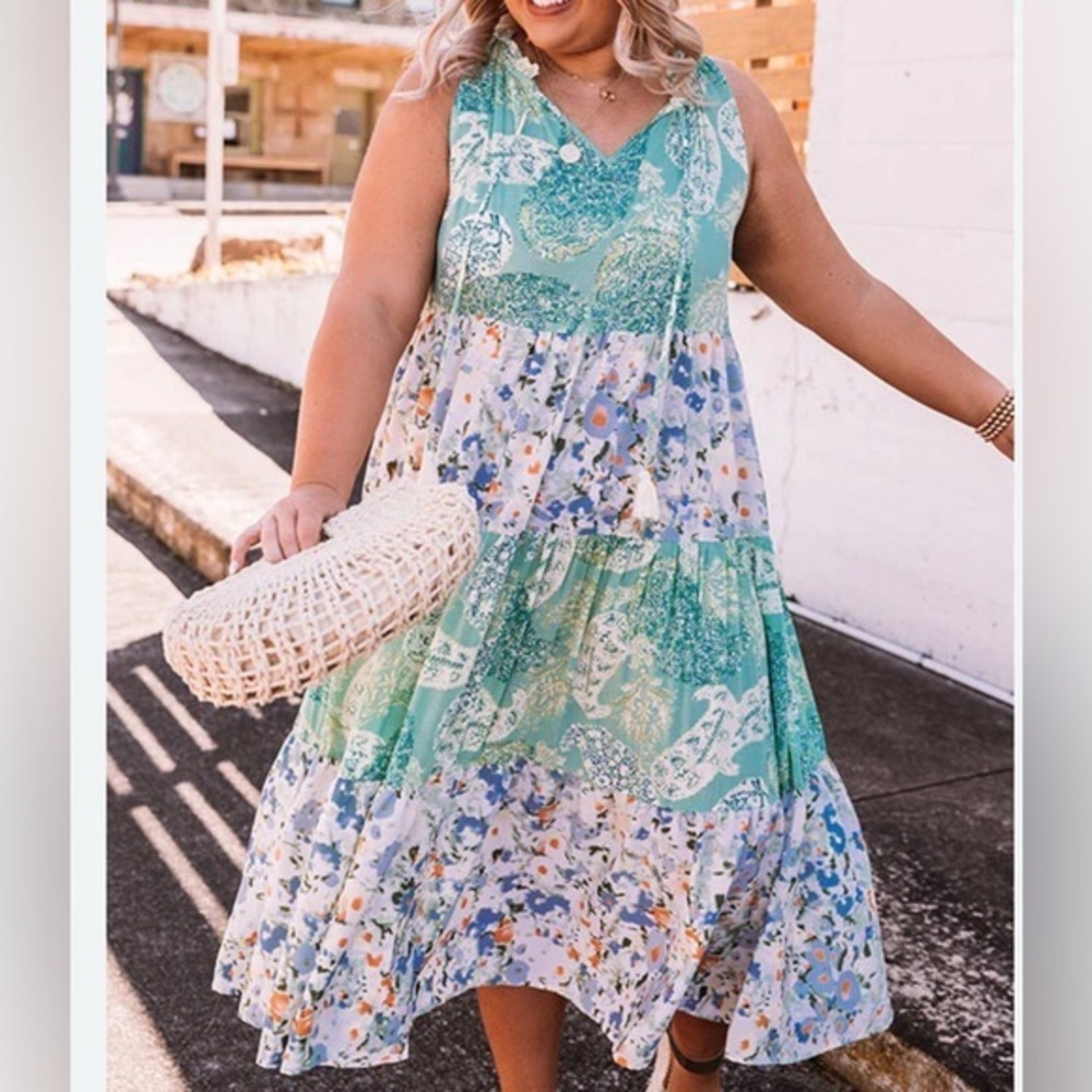 Entro Teal and White Floral Tiered Midi dress
